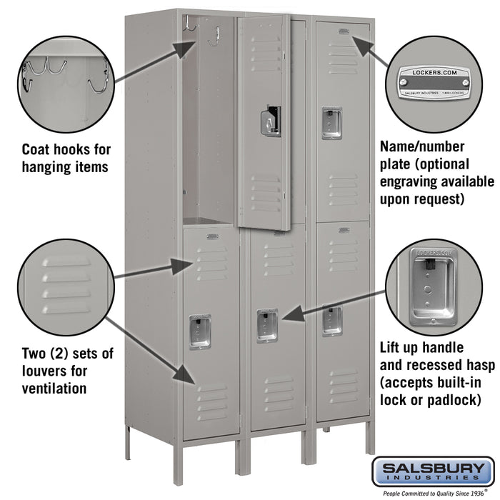 Salsbury 15" Wide Double Tier Standard Metal Locker - 3 Wide - 6 Feet High - 18 Inches Deep - Gray - Assembled - Sweatfully