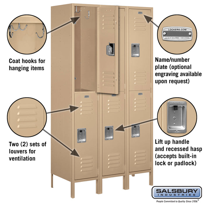 Salsbury 15" Wide Double Tier Standard Metal Locker - 3 Wide - 6 Feet High - 18 Inches Deep - Tan - Assembled - Sweatfully