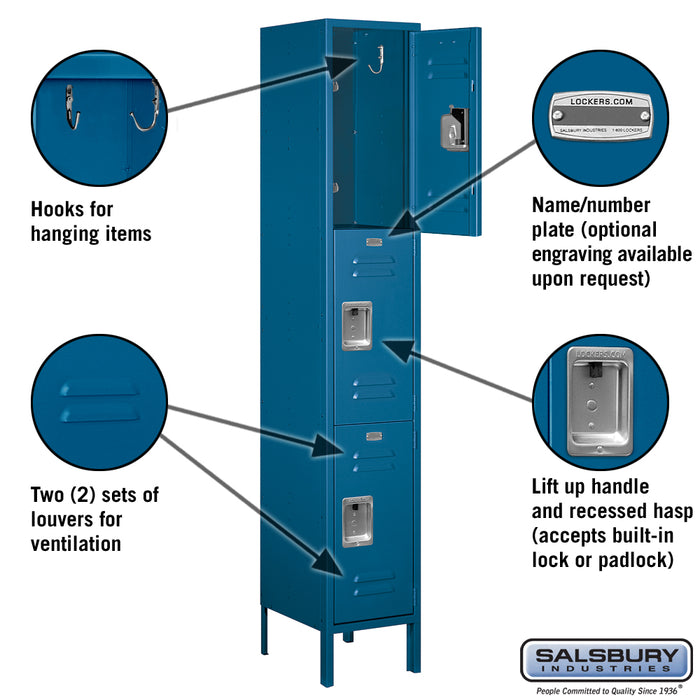 Salsbury 15" Wide Triple Tier Standard Metal Locker - 1 Wide - 6 Feet High - 15 Inches Deep - Blue - Assembled - Sweatfully