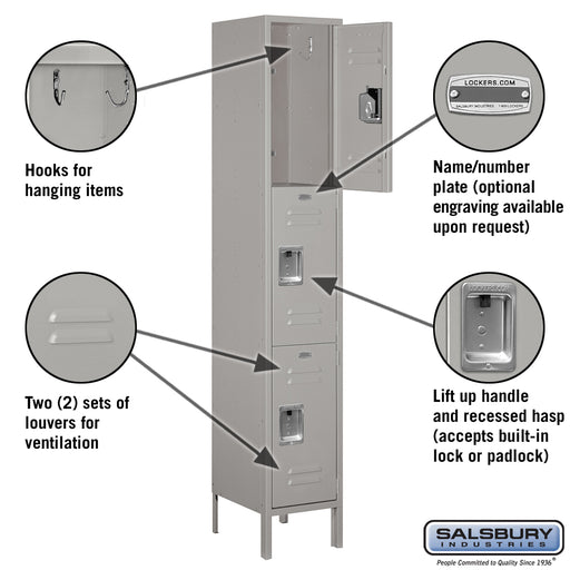 Salsbury 15" Wide Triple Tier Standard Metal Locker - 1 Wide - 6 Feet High - 15 Inches Deep - Gray - Unassembled - Sweatfully
