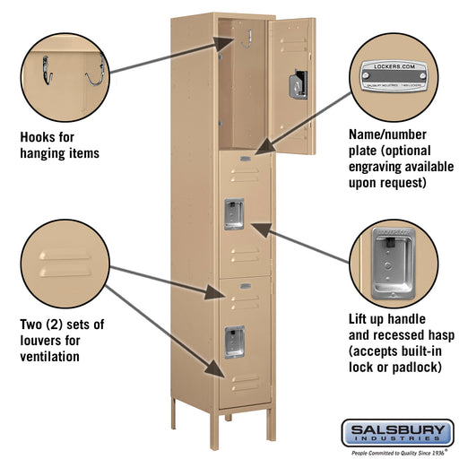 Salsbury 15" Wide Triple Tier Standard Metal Locker - 1 Wide - 6 Feet High - 15 Inches Deep - Tan - Unassembled - Sweatfully