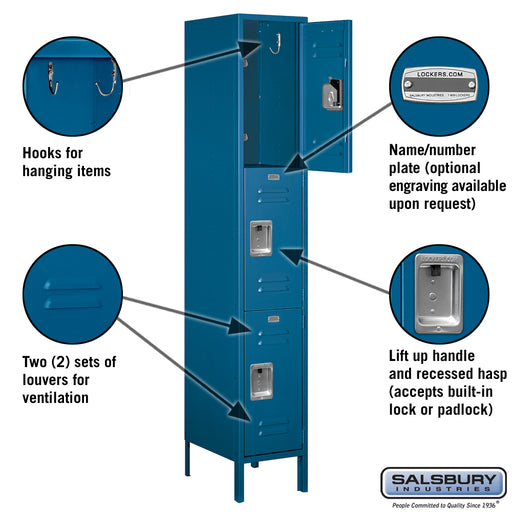 Salsbury 15" Wide Triple Tier Standard Metal Locker - 1 Wide - 6 Feet High - 18 Inches Deep - Blue - Assembled - Sweatfully