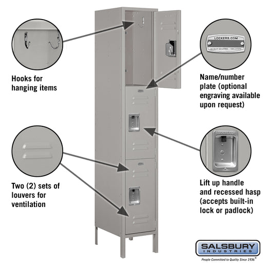 Salsbury 15" Wide Triple Tier Standard Metal Locker - 1 Wide - 6 Feet High - 18 Inches Deep - Gray - Assembled - Sweatfully