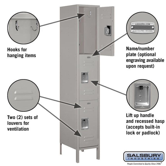 Salsbury 15" Wide Triple Tier Standard Metal Locker - 1 Wide - 6 Feet High - 18 Inches Deep - Gray - Unassembled - Sweatfully