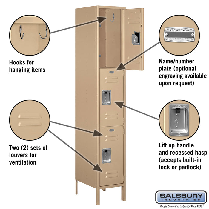 Salsbury 15" Wide Triple Tier Standard Metal Locker - 1 Wide - 6 Feet High - 18 Inches Deep - Tan - Unassembled - Sweatfully