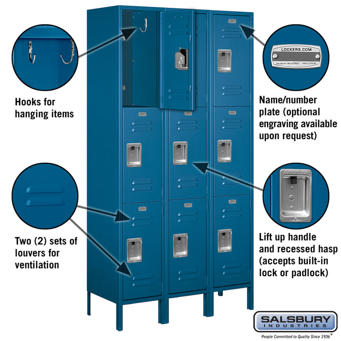 Salsbury 15" Wide Triple Tier Standard Metal Locker - 3 Wide - 6 Feet High - 15 Inches Deep - Blue - Assembled - Sweatfully