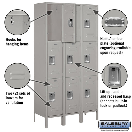 Salsbury 15" Wide Triple Tier Standard Metal Locker - 3 Wide - 6 Feet High - 15 Inches Deep - Gray - Unassembled - Sweatfully