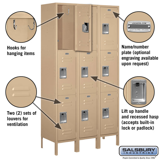 Salsbury 15" Wide Triple Tier Standard Metal Locker - 3 Wide - 6 Feet High - 15 Inches Deep - Tan - Unassembled - Sweatfully
