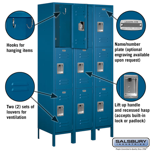 Salsbury 15" Wide Triple Tier Standard Metal Locker - 3 Wide - 6 Feet High - 18 Inches Deep - Blue - Unassembled - Sweatfully