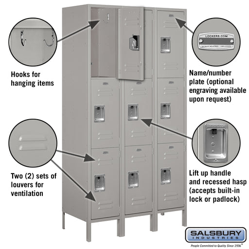 Salsbury 15" Wide Triple Tier Standard Metal Locker - 3 Wide - 6 Feet High - 18 Inches Deep - Gray - Unassembled - Sweatfully