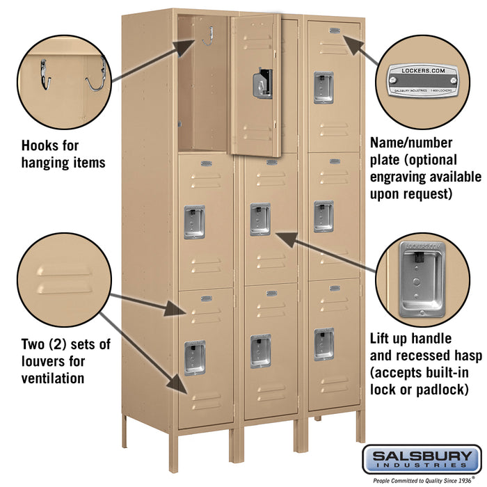 Salsbury 15" Wide Triple Tier Standard Metal Locker - 3 Wide - 6 Feet High - 18 Inches Deep - Tan - Assembled - Sweatfully