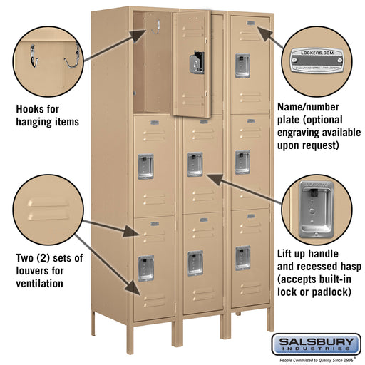 Salsbury 15" Wide Triple Tier Standard Metal Locker - 3 Wide - 6 Feet High - 18 Inches Deep - Tan - Unassembled - Sweatfully
