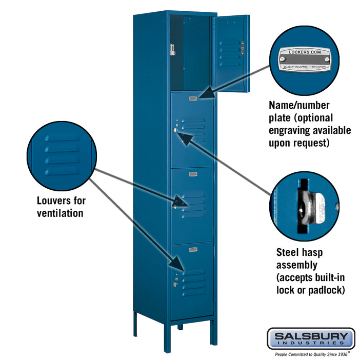 Salsbury 15" Wide Four Tier Standard Metal Locker - 1 Wide - 6 Feet High - 15 Inches Deep - Blue - Unassembled - Sweatfully