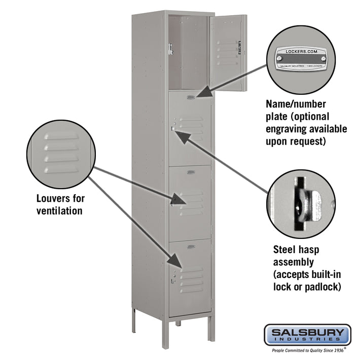Salsbury 15" Wide Four Tier Standard Metal Locker - 1 Wide - 6 Feet High - 15 Inches Deep - Gray - Assembled - Sweatfully