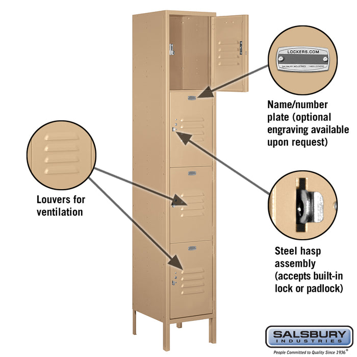 Salsbury 15" Wide Four Tier Standard Metal Locker - 1 Wide - 6 Feet High - 15 Inches Deep - Tan - Assembled - Sweatfully