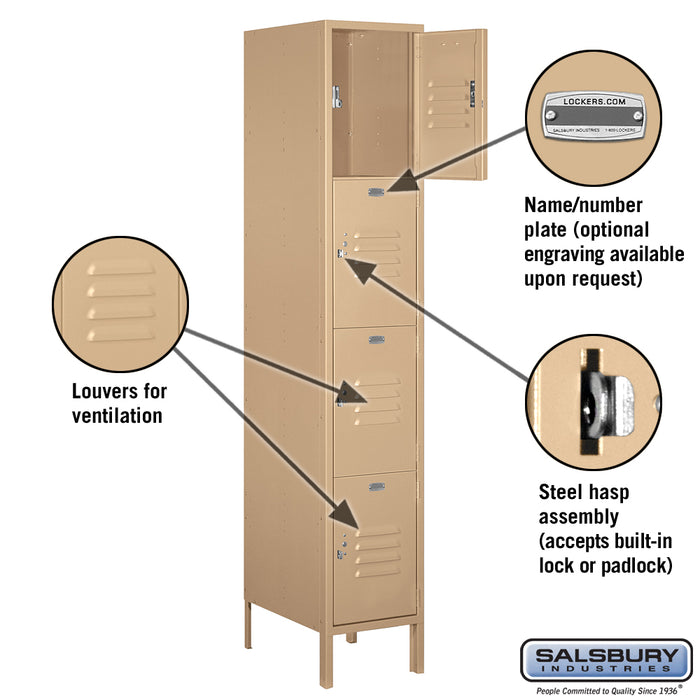 Salsbury 15" Wide Four Tier Standard Metal Locker - 1 Wide - 6 Feet High - 18 Inches Deep - Tan - Assembled - Sweatfully