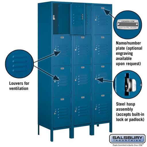 Salsbury 15" Wide Four Tier Standard Metal Locker - 3 Wide - 6 Feet High - 15 Inches Deep - Blue - Assembled - Sweatfully