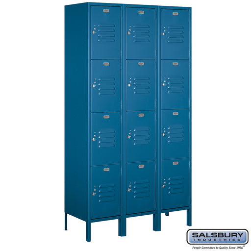 Salsbury 15" Wide Four Tier Standard Metal Locker - 3 Wide - 6 Feet High - 15 Inches Deep - Blue - Assembled - Sweatfully