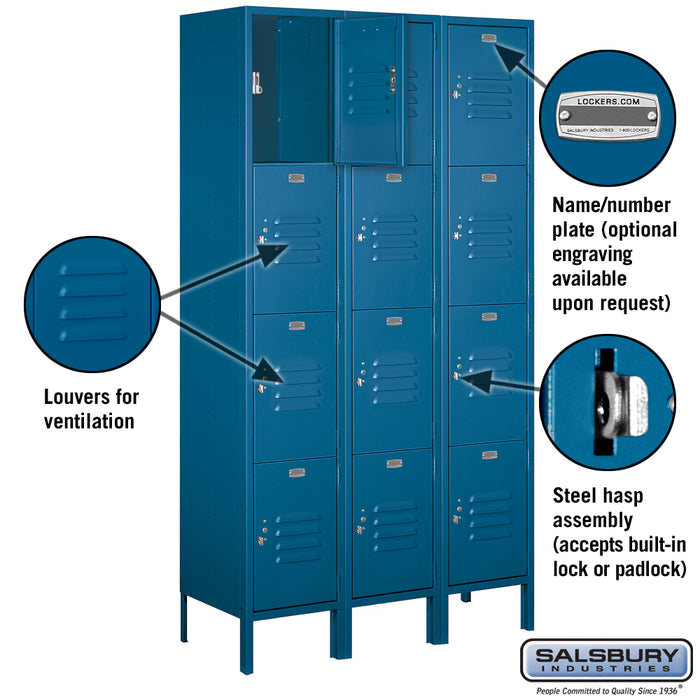 Salsbury 15" Wide Four Tier Standard Metal Locker - 3 Wide - 6 Feet High - 15 Inches Deep - Blue - Unassembled - Sweatfully