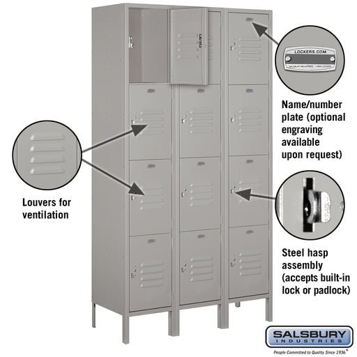 Salsbury 15" Wide Four Tier Standard Metal Locker - 3 Wide - 6 Feet High - 15 Inches Deep - Gray - Assembled - Sweatfully