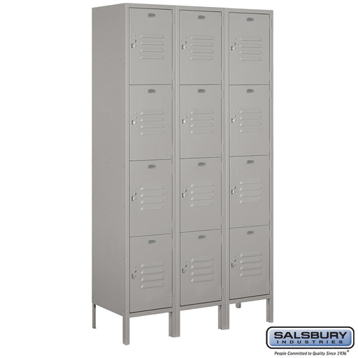 Salsbury 15" Wide Four Tier Standard Metal Locker - 3 Wide - 6 Feet High - 15 Inches Deep - Gray - Unassembled - Sweatfully