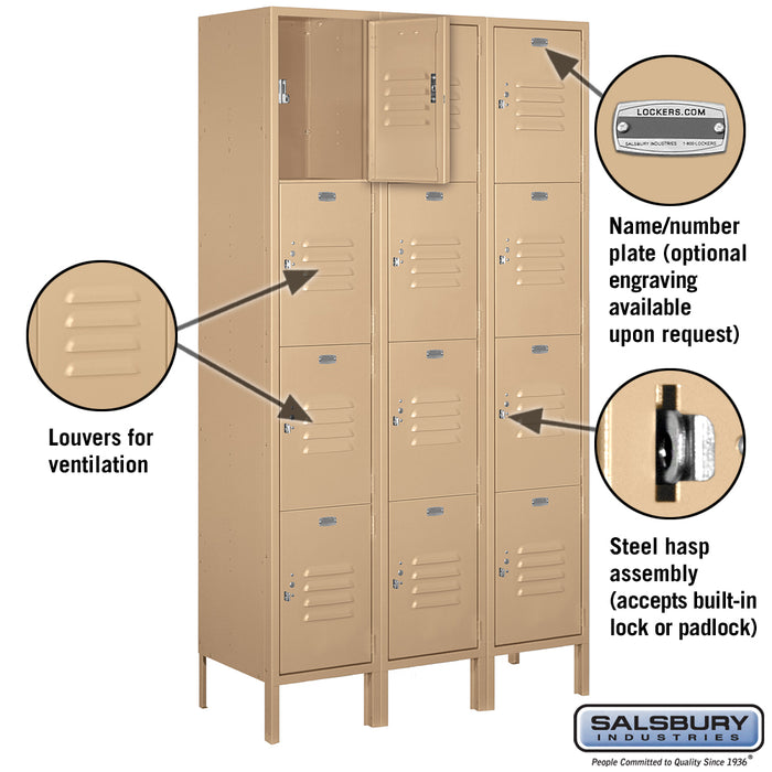Salsbury 15" Wide Four Tier Standard Metal Locker - 3 Wide - 6 Feet High - 15 Inches Deep - Tan - Assembled - Sweatfully