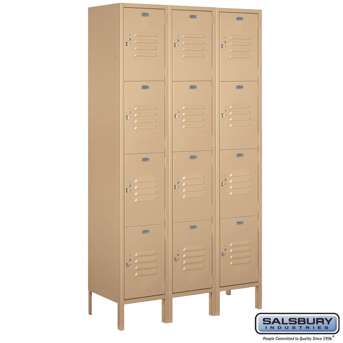 Salsbury 15" Wide Four Tier Standard Metal Locker - 3 Wide - 6 Feet High - 15 Inches Deep - Tan - Assembled - Sweatfully
