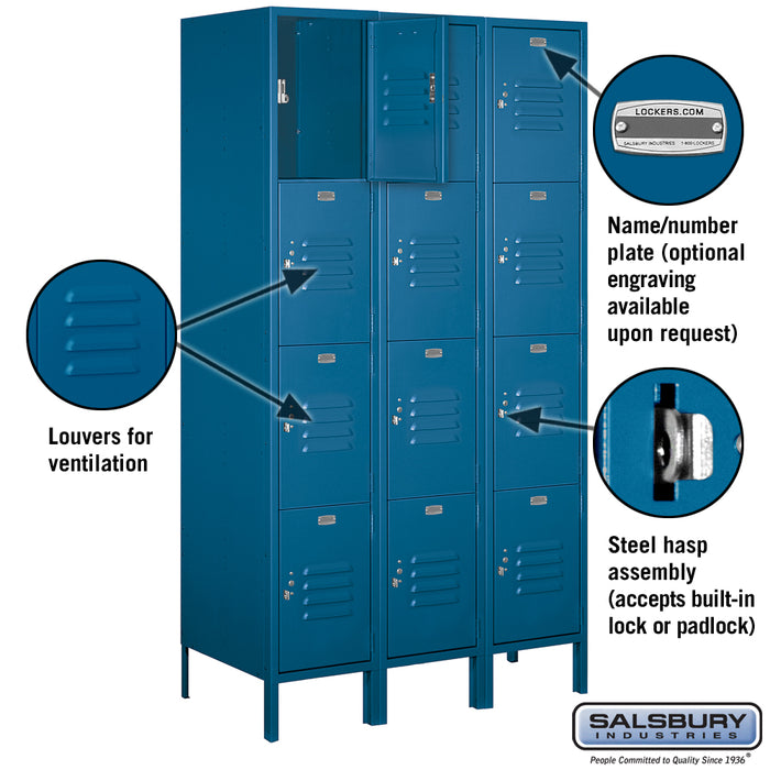 Salsbury 15" Wide Four Tier Standard Metal Locker - 3 Wide - 6 Feet High - 18 Inches Deep - Blue - Assembled - Sweatfully