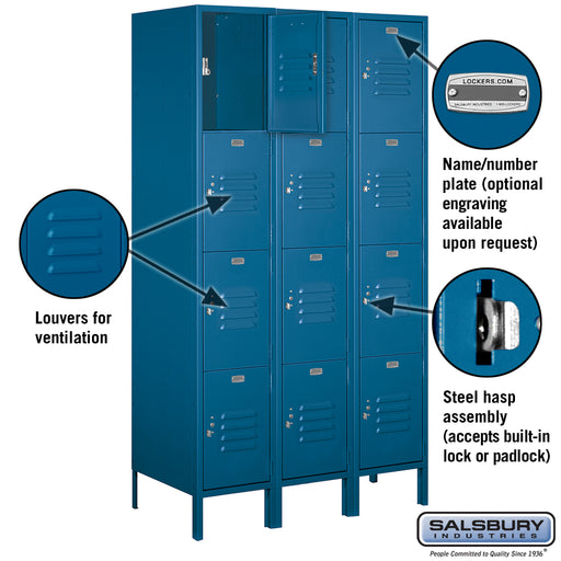 Salsbury 15" Wide Four Tier Standard Metal Locker - 3 Wide - 6 Feet High - 18 Inches Deep - Blue - Unassembled - Sweatfully