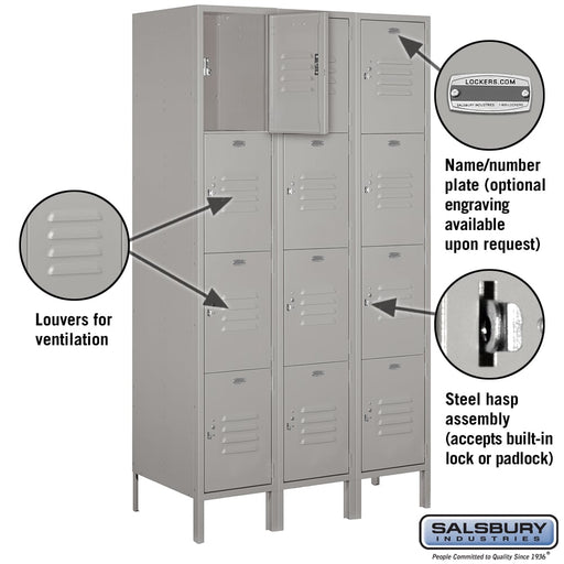 Salsbury 15" Wide Four Tier Standard Metal Locker - 3 Wide - 6 Feet High - 18 Inches Deep - Gray - Unassembled - Sweatfully