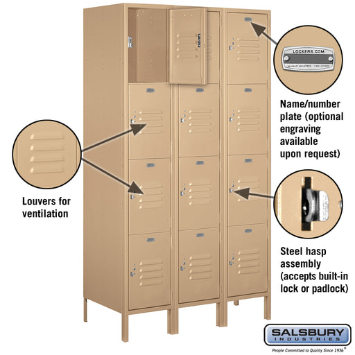 Salsbury 15" Wide Four Tier Standard Metal Locker - 3 Wide - 6 Feet High - 18 Inches Deep - Tan - Assembled - Sweatfully