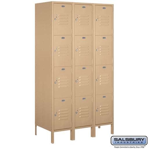 Salsbury 15" Wide Four Tier Standard Metal Locker - 3 Wide - 6 Feet High - 18 Inches Deep - Tan - Assembled - Sweatfully