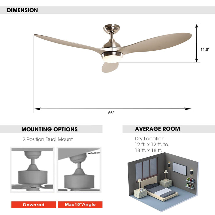 56" Bernardino Modern Brushed Nickel DC Motor Downrod Mount Reversible Ceiling Fan with Lighting and Remote Control - Sweatfully
