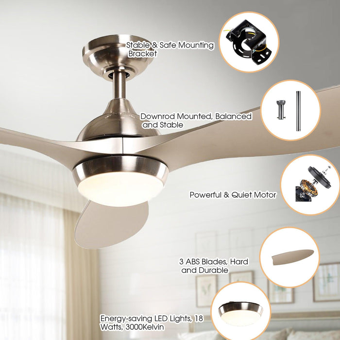 56" Bernardino Modern Brushed Nickel DC Motor Downrod Mount Reversible Ceiling Fan with Lighting and Remote Control - Sweatfully