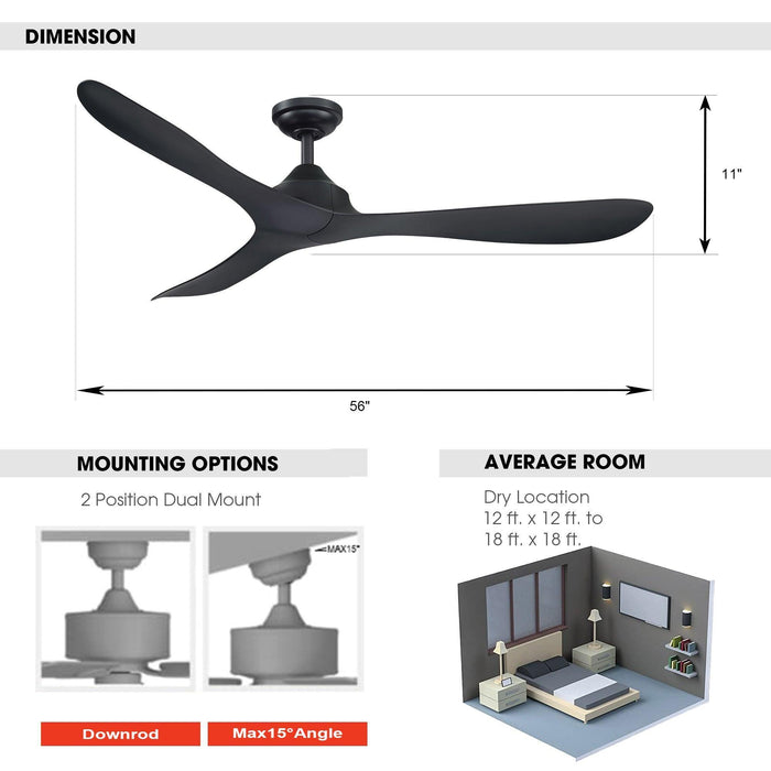 56" Modern DC Motor Downrod Mount Reversible Ceiling Fan with Remote Control - Sweatfully