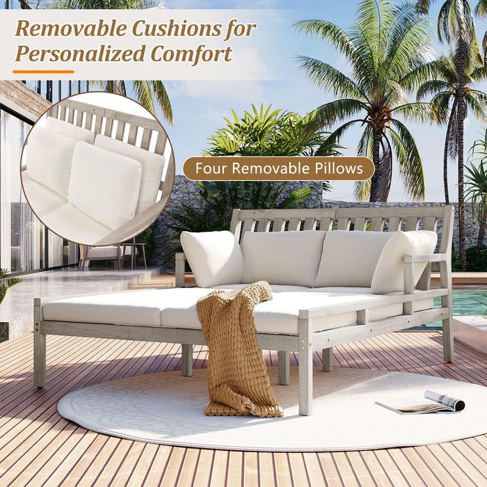 Outdoor Daybed, Patio Daybed with Four Pillows, Wooden Outdoor Bed with Curved Armrests for Poolside, Backyard, Garden - Sweatfully