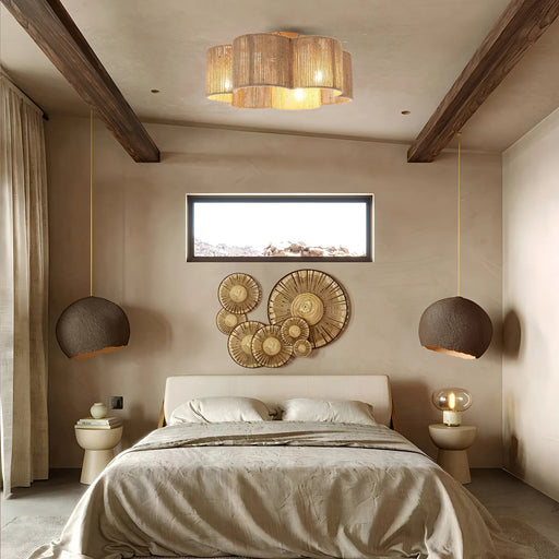 21 Inch Golden Flower-shape Farmhouse Rattan Flush Mount Ceiling Fan with Light APP and Remote Control - Sweatfully