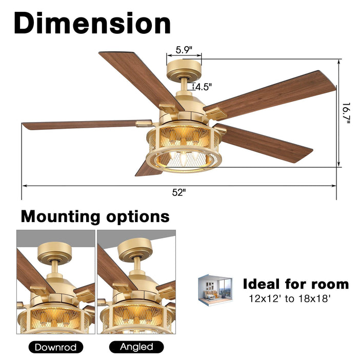52" Lucknow Industrial Black Reversible Ceiling Fan with Lighting and Remote Control - Sweatfully