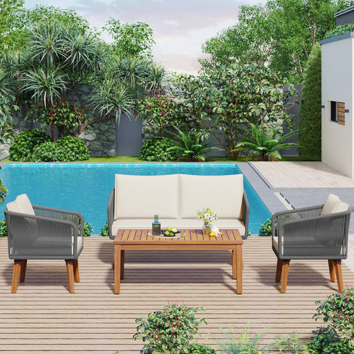 4 Pieces Outdoor Furniture Set with Loveseat, Patio Rope Conversation Set with Cushions for Backyard, Poolside, Garden - Sweatfully