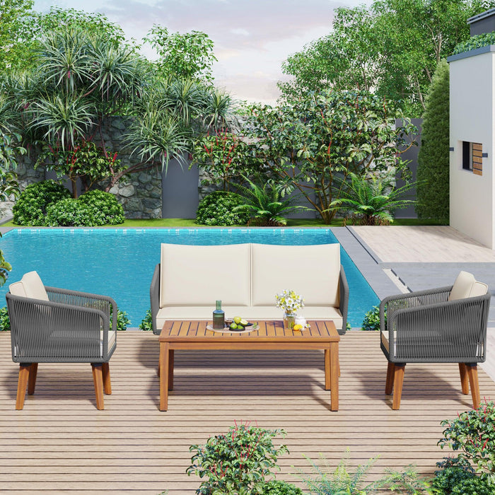 4 Pieces Outdoor Furniture Set with Loveseat, Patio Rope Conversation Set with Cushions for Backyard, Poolside, Garden - Sweatfully