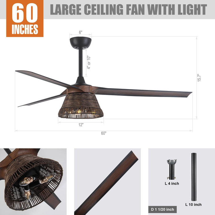 60" Farmhouse Downrod Mount Reversible Ceiling Fan with Lighting and Remote Control - Sweatfully