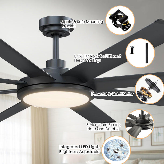 60" Industrial DC Motor Downrod Mount Ceiling Fan with Lighting and Remote Control - Sweatfully