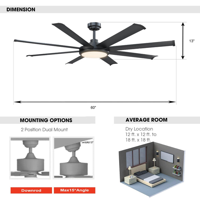 60" Industrial DC Motor Downrod Mount Ceiling Fan with Lighting and Remote Control - Sweatfully