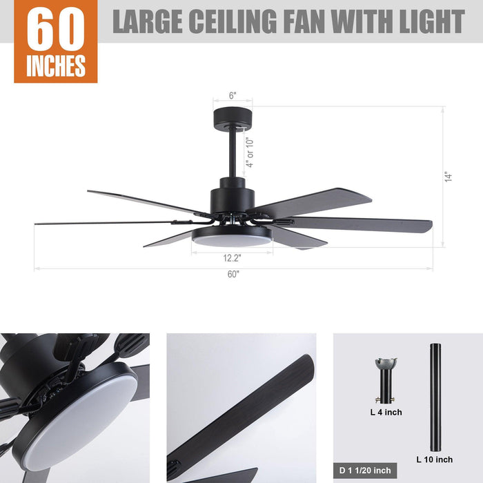 60" Industrial DC Motor Downrod Mount Reversible Ceiling Fan with Lighting and Remote Control - Sweatfully