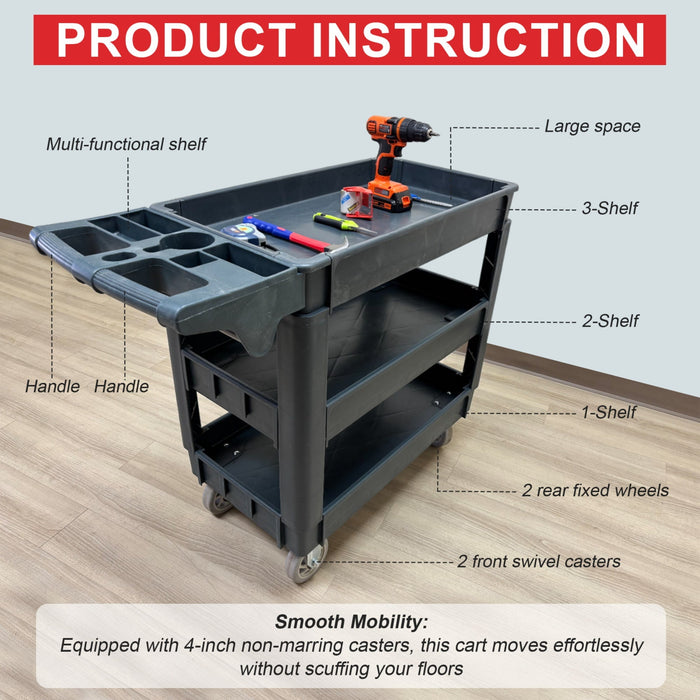 600 lbs Heavy Duty Plastic Rolling Utility Cart for Warehouse/Garage/Restaurants/Offices, HDPE Shelves, 5" Caster Wheels - Sweatfully