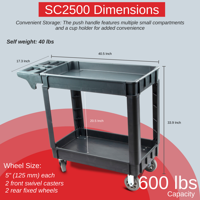 600 lbs Heavy Duty Plastic Rolling Utility Cart for Warehouse/Garage/Restaurants/Offices, HDPE Shelves, 5" Caster Wheels - Sweatfully