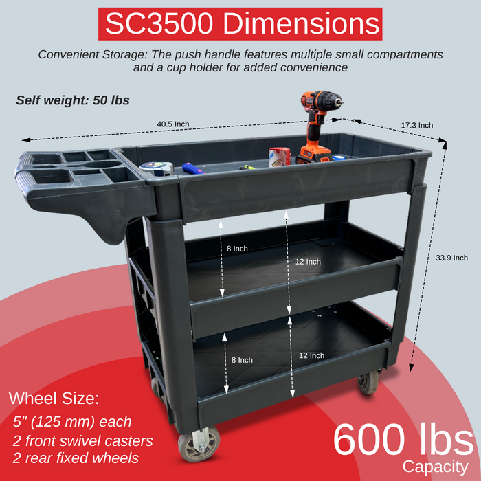 600 lbs Heavy Duty Plastic Rolling Utility Cart for Warehouse/Garage/Restaurants/Offices, HDPE Shelves, 5" Caster Wheels - Sweatfully