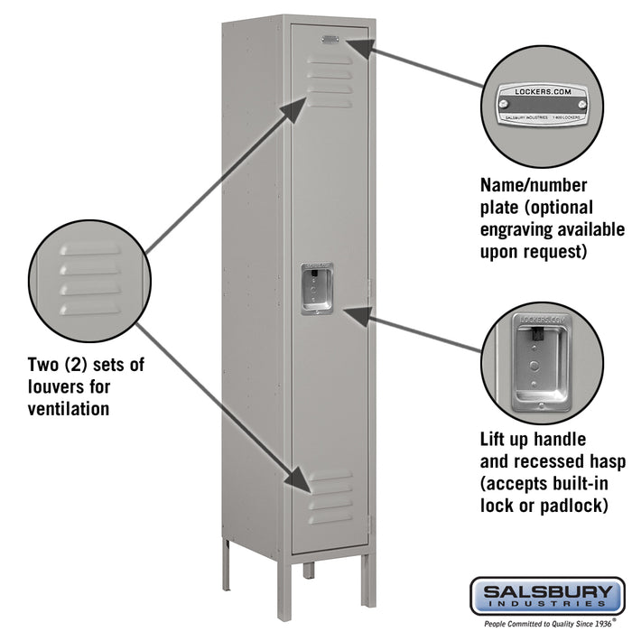 Salsbury 12" Wide Single Tier Standard Metal Locker - 1 Wide - 5 Feet High - 12 Inches Deep - Gray - Assembled - Sweatfully