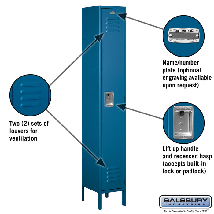 Salsbury 12" Wide Single Tier Standard Metal Locker - 1 Wide - 6 Feet High - 12 Inches Deep - Blue - Assembled - Sweatfully