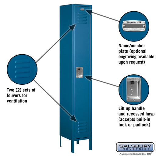Salsbury 12" Wide Single Tier Standard Metal Locker - 1 Wide - 6 Feet High - 12 Inches Deep - Blue - Unassembled - Sweatfully